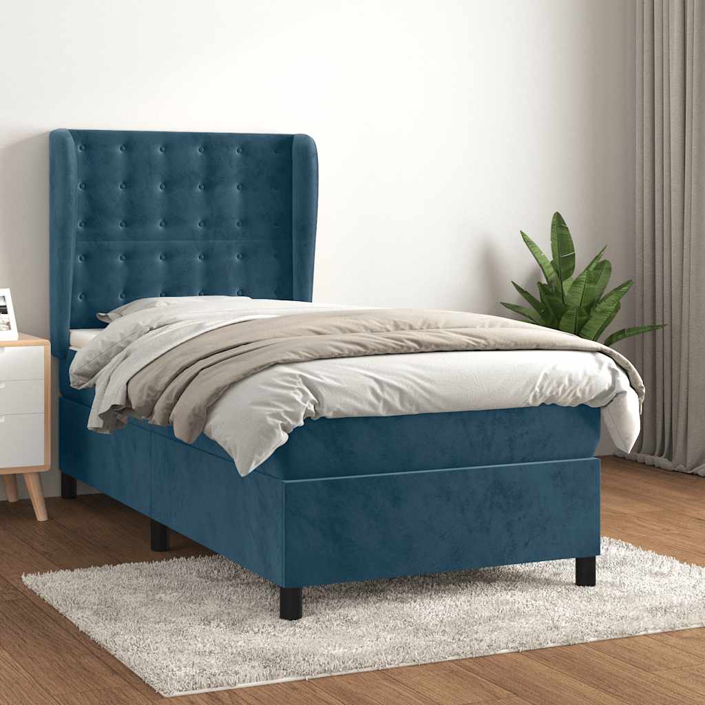 vidaXL Łóżko kontynentalne z materacem, niebieskie, aksamit, 100x200cm
