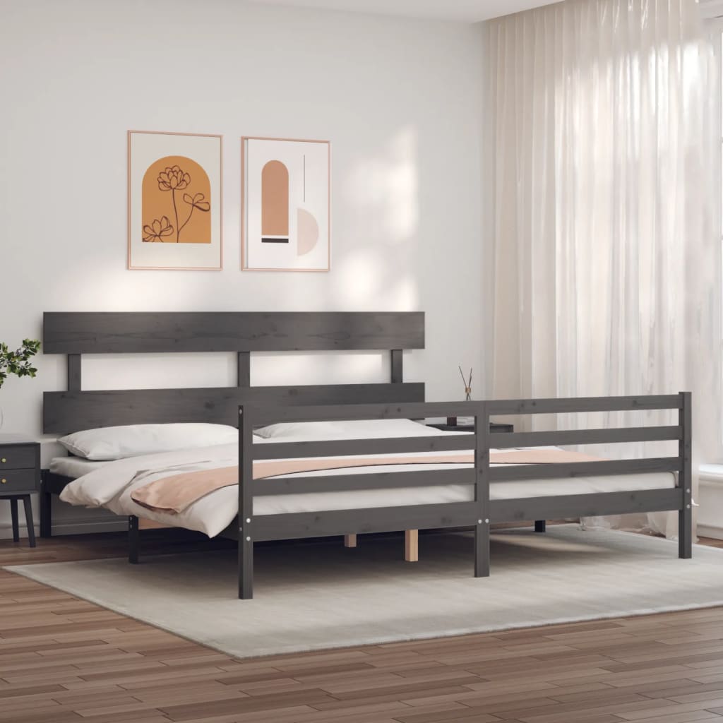 vidaXL Rama łóżka z wezgłowiem, szara, 200x200 cm, lite drewno