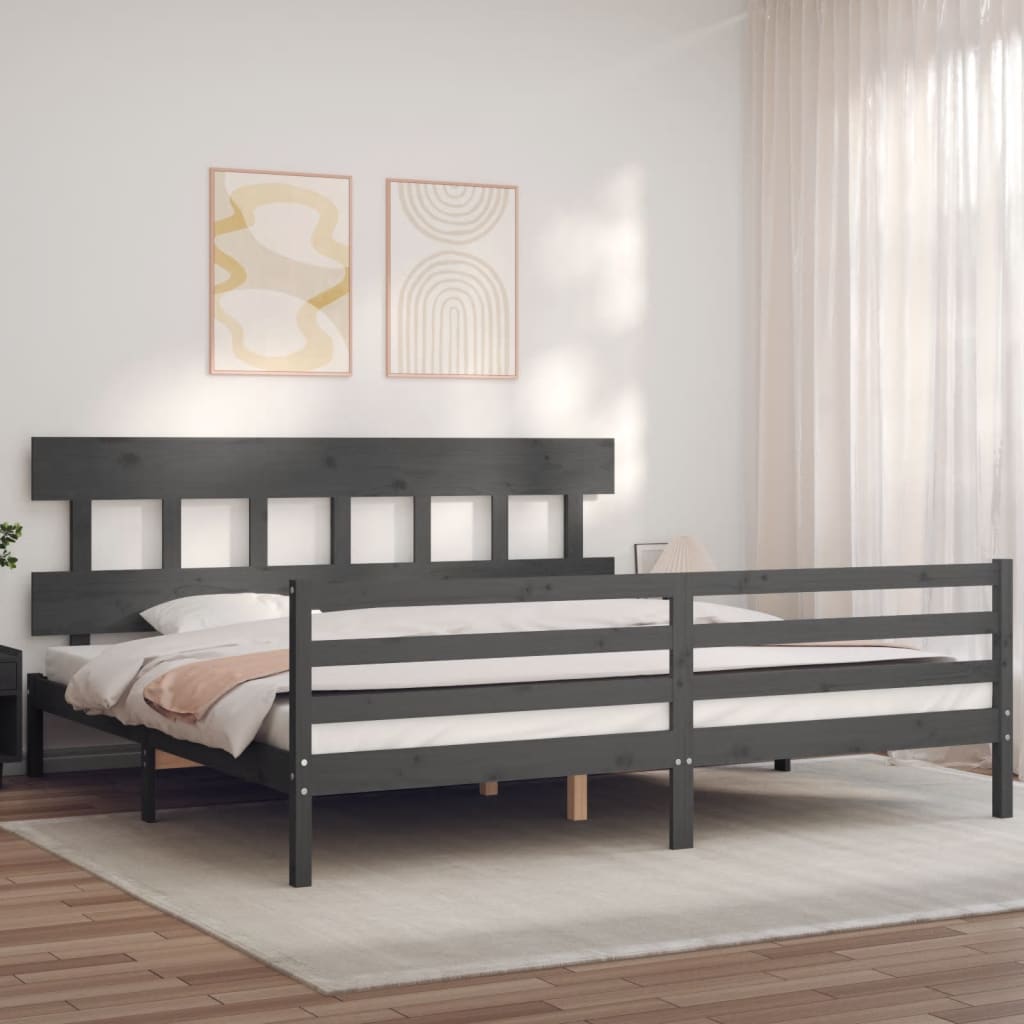 vidaXL Rama łóżka z wezgłowiem, szara, 200x200 cm, lite drewno