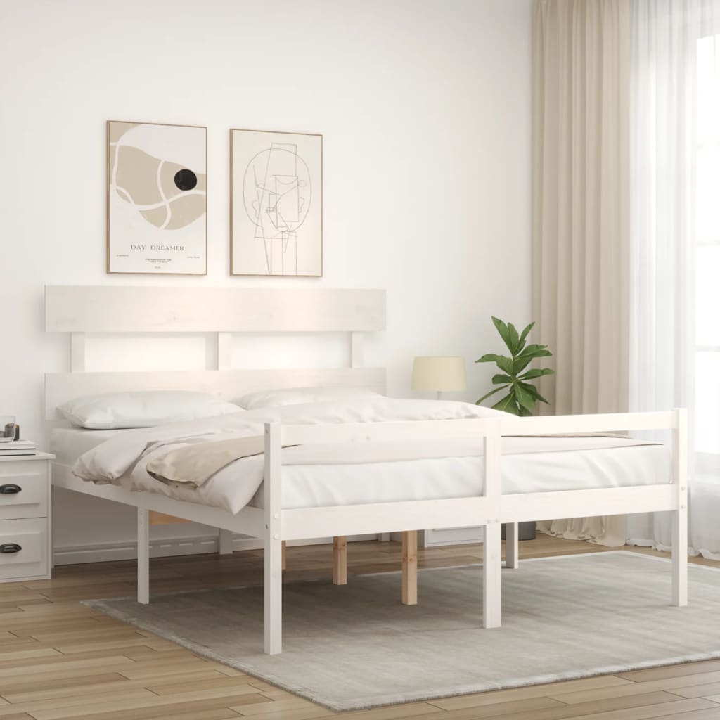 vidaXL Łóżko dla seniora, z wezgłowiem, białe, 160x200 cm, lite drewno