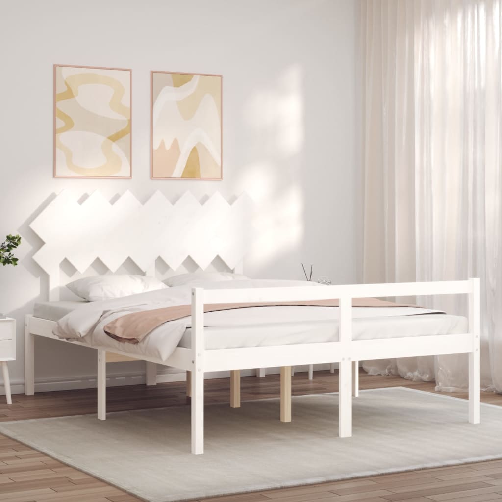 vidaXL Łóżko dla seniora, z wezgłowiem, białe, 140x190 cm, lite drewno