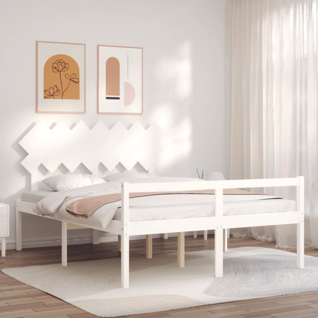 vidaXL Łóżko dla seniora, z wezgłowiem, białe, 140x190 cm, lite drewno