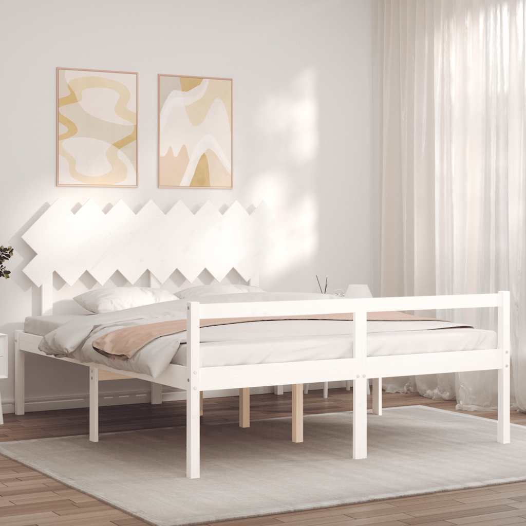 vidaXL Łóżko dla seniora, z wezgłowiem, białe, 160x200 cm, lite drewno