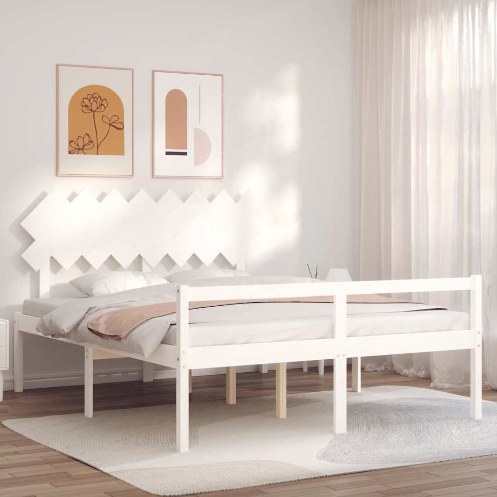 vidaXL Łóżko dla seniora, z wezgłowiem, białe, 160x200 cm, lite drewno