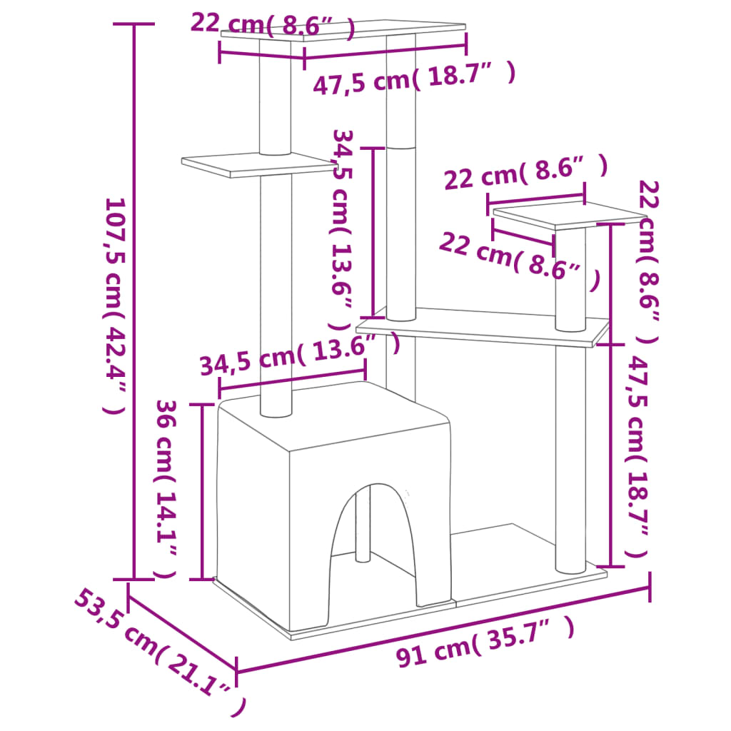 vidaXL Drapak dla kota, z sizalowymi słupkami, kremowy, 107,5 cm