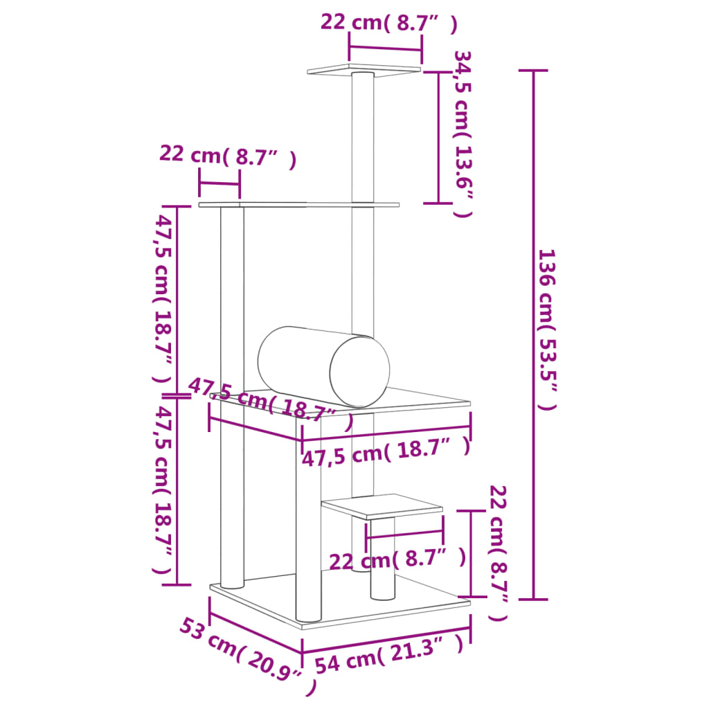 vidaXL Drapak dla kota z sizalowymi słupkami, ciemnoszary, 136 cm