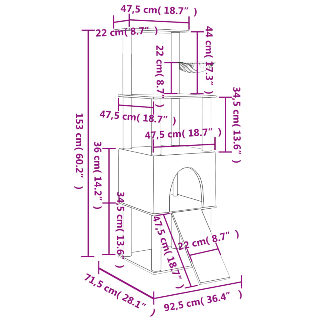 vidaXL Drapak dla kota z sizalowymi słupkami, kremowy, 153 cm