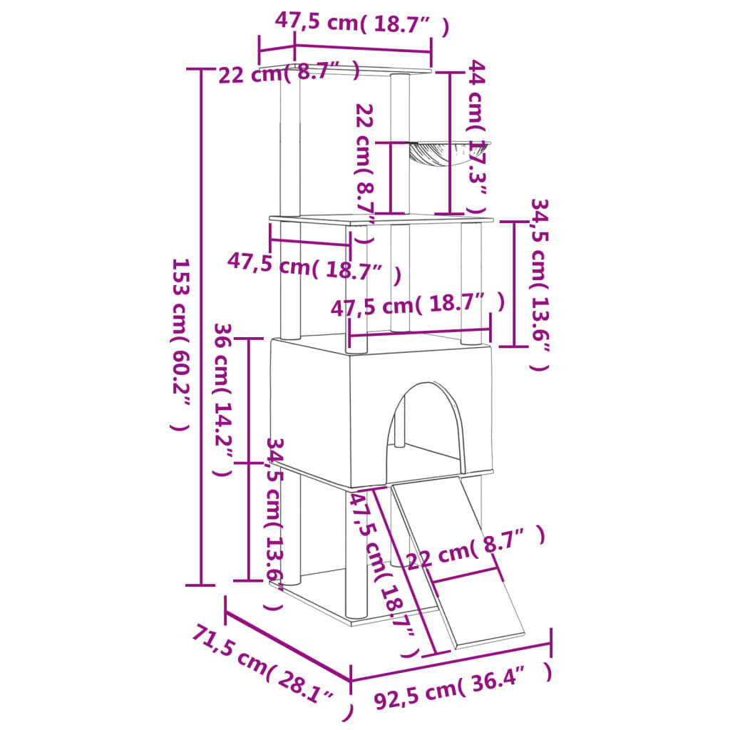 vidaXL Drapak dla kota, z sizalowymi słupkami, jasnoszary, 153 cm