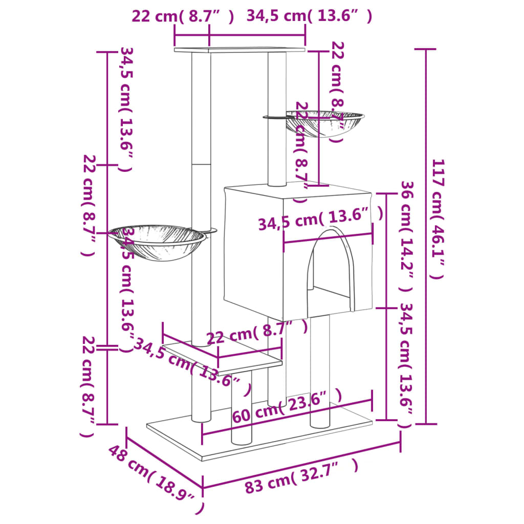 vidaXL Drapak dla kota, z sizalowymi słupkami, jasnoszary, 117 cm