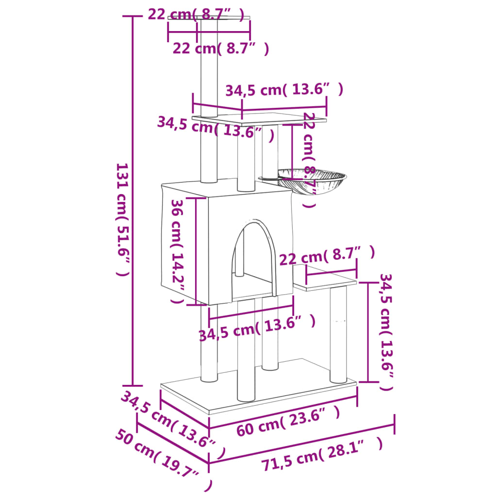 vidaXL Drapak dla kota z sizalowymi słupkami, kremowy, 131 cm