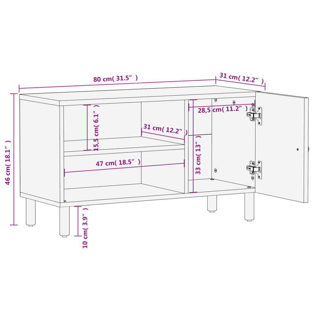 vidaXL Szafka pod telewizor, czarna, 80x31x46 cm, lite drewno mango