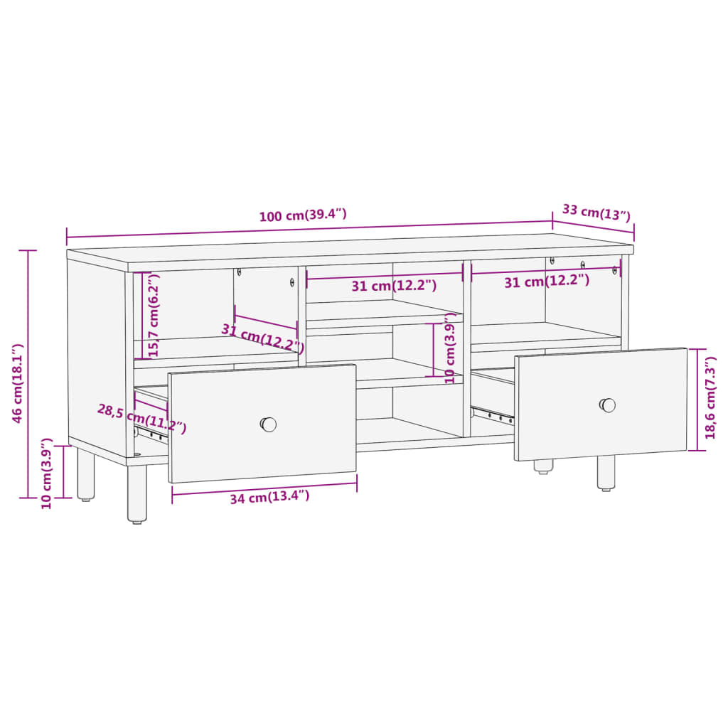 vidaXL Szafka pod telewizor, 100x33x46 cm, lite drewno mango