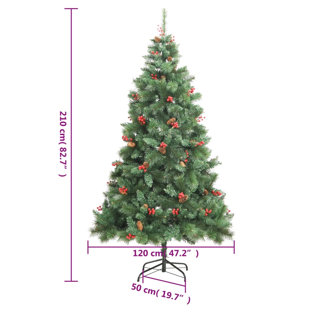 vidaXL Sztuczna choinka na zawiasach, z szyszkami i jagodami, 210 cm