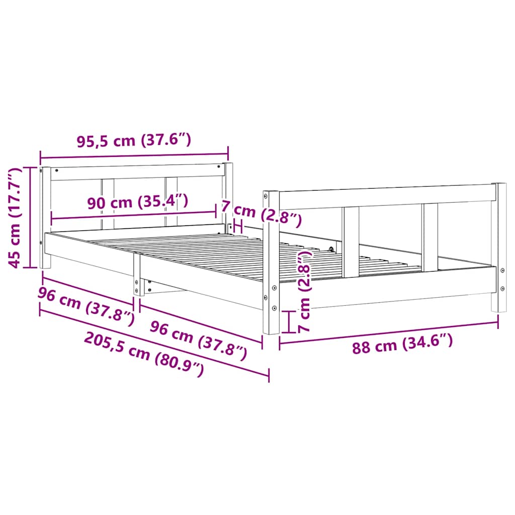 vidaXL Rama łóżka dla dzieci, 90x200 cm, drewno sosnowe