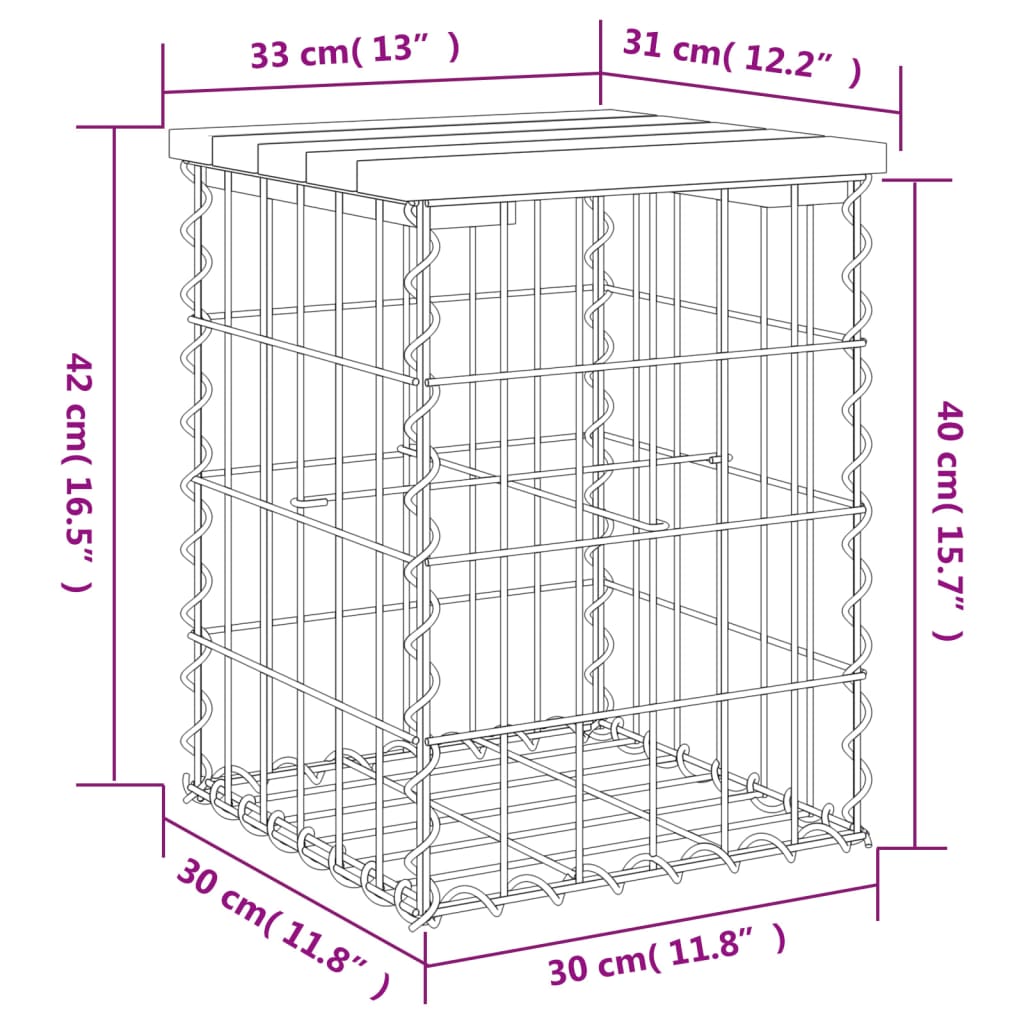 vidaXL Ławka ogrodowa, gabion, 33x31x42 cm, lite drewno sosnowe
