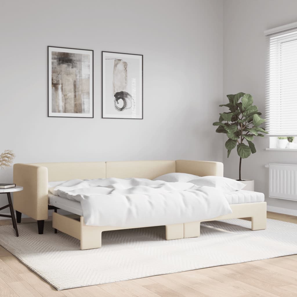 vidaXL Leżanka rozsuwana z materacami, kremowa, 80x200 cm, tkanina