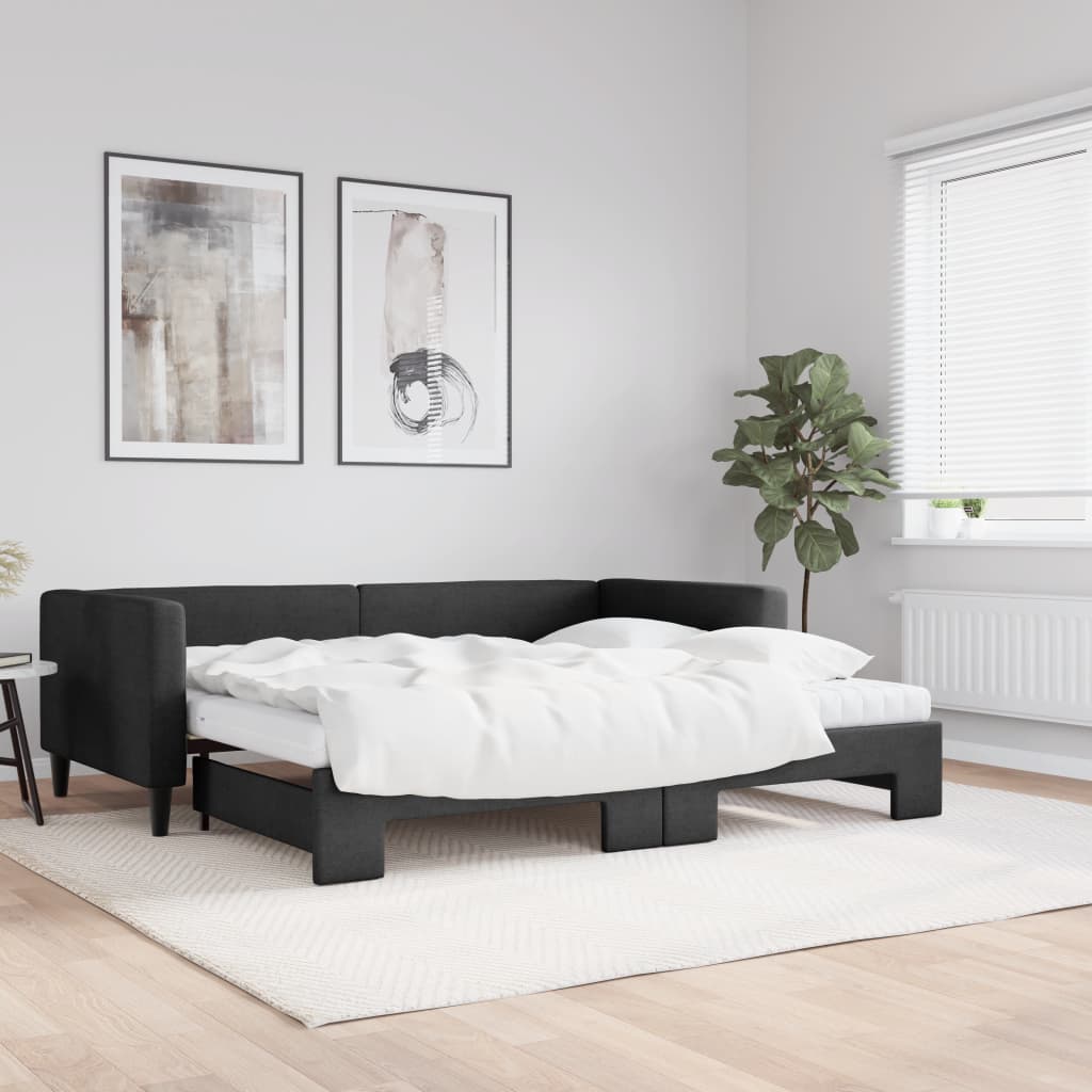 vidaXL Sofa rozsuwana z materacami, czarna, 90x200 cm, tkanina