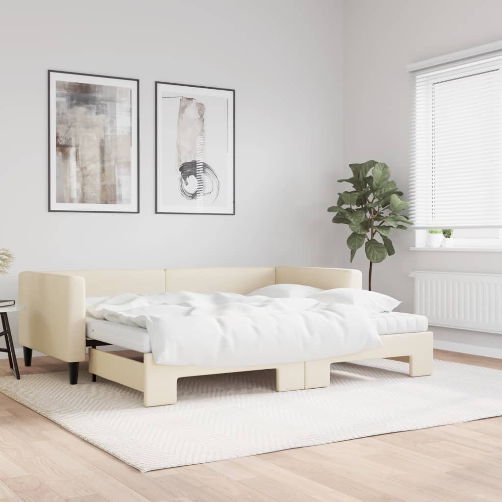 vidaXL Sofa rozsuwana z materacami, kremowa, 90x200 cm, tkanina