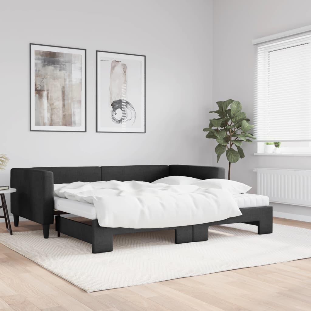 vidaXL Sofa rozsuwana z materacami, czarna, 100x200 cm, tkanina