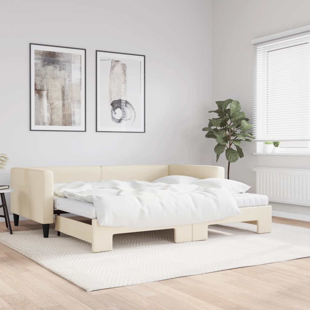 vidaXL Sofa rozsuwana z materacami, kremowa, 100x200 cm, tkanina