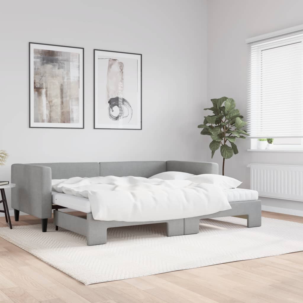 vidaXL Sofa rozsuwana z materacami, jasnoszara, 90x190 cm, tkanina