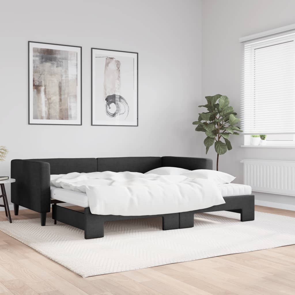 vidaXL Sofa rozsuwana z materacami, czarna, 90x190 cm, tkanina