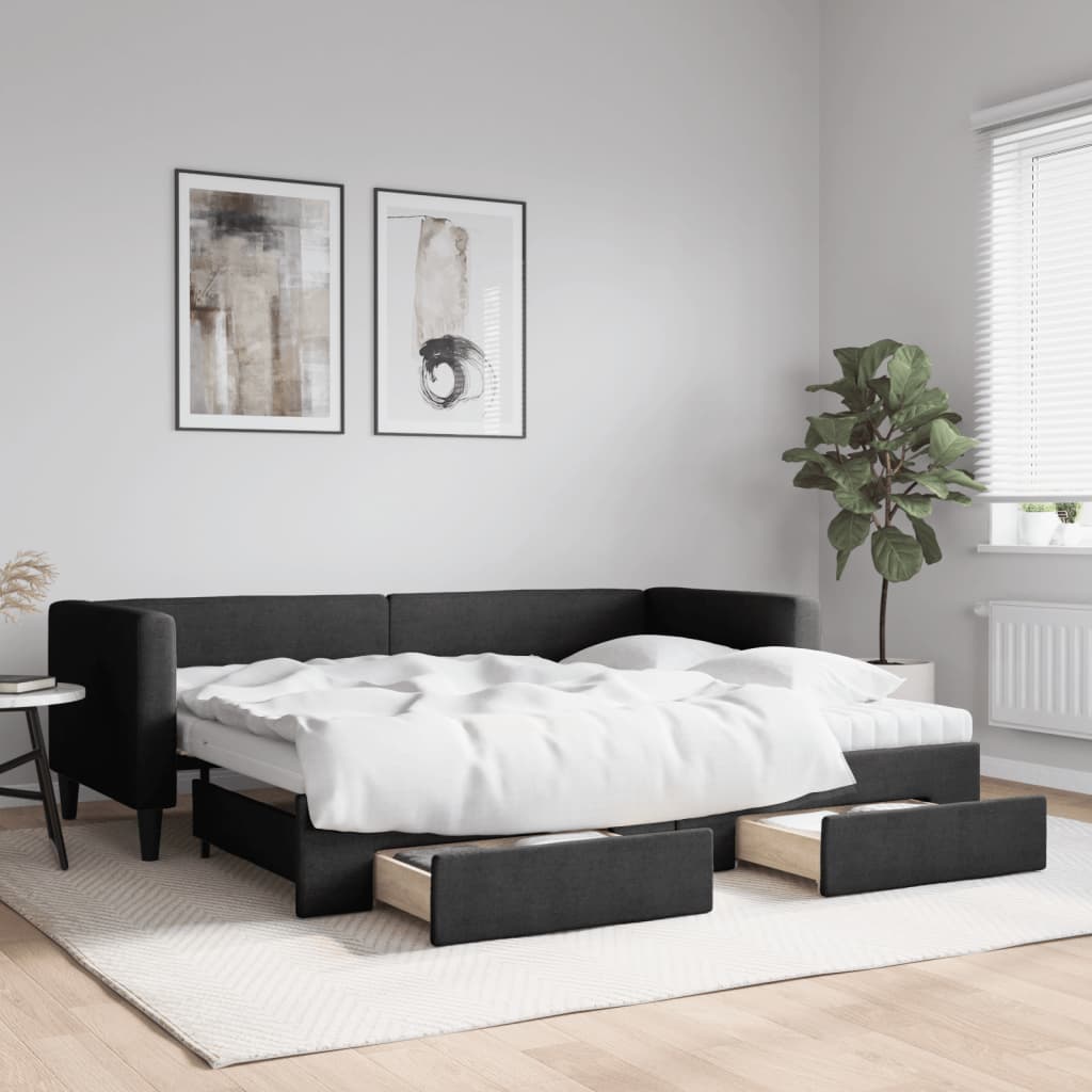 vidaXL Sofa rozsuwana z szufladami, czarna, 80x200 cm, tkanina