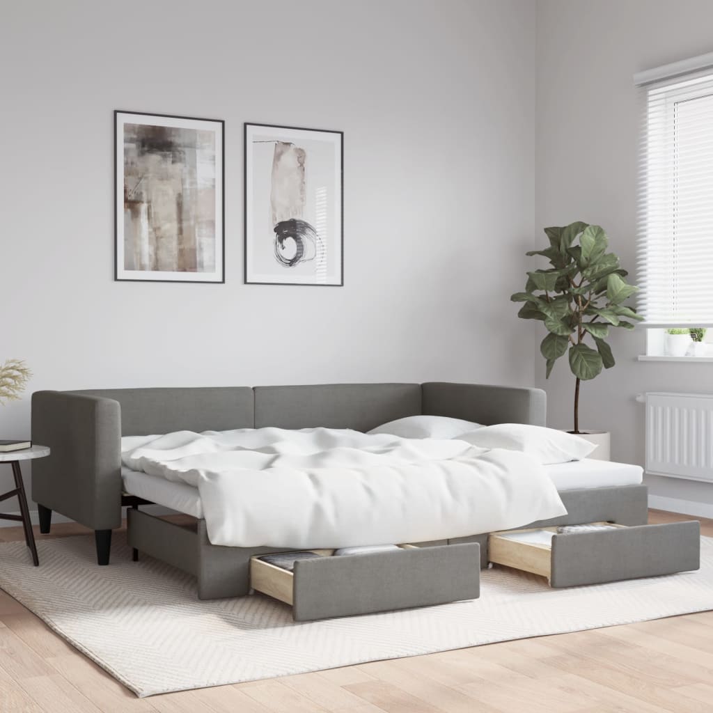 vidaXL Sofa rozsuwana z szufladami, ciemnoszara, 90x200 cm, tkanina