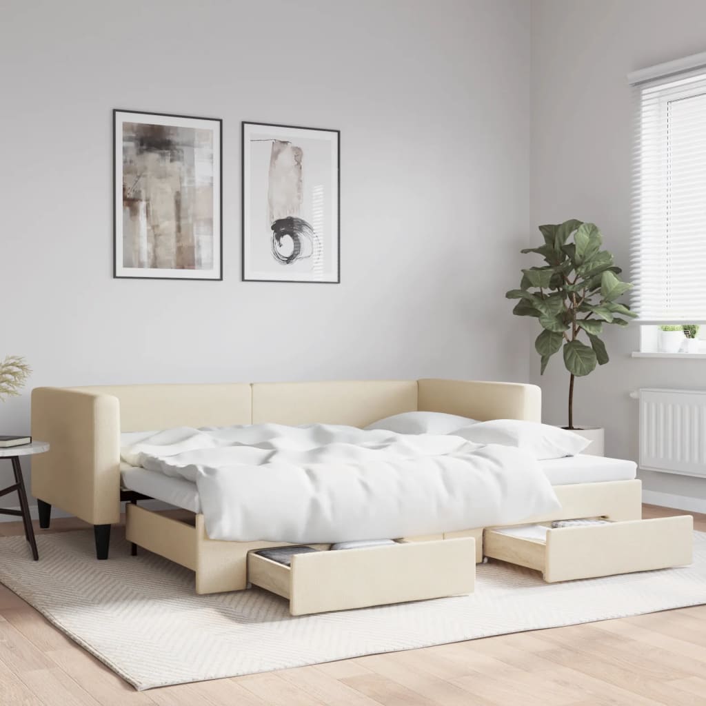vidaXL Sofa rozsuwana z szufladami, kremowa, 90x200 cm, tkanina