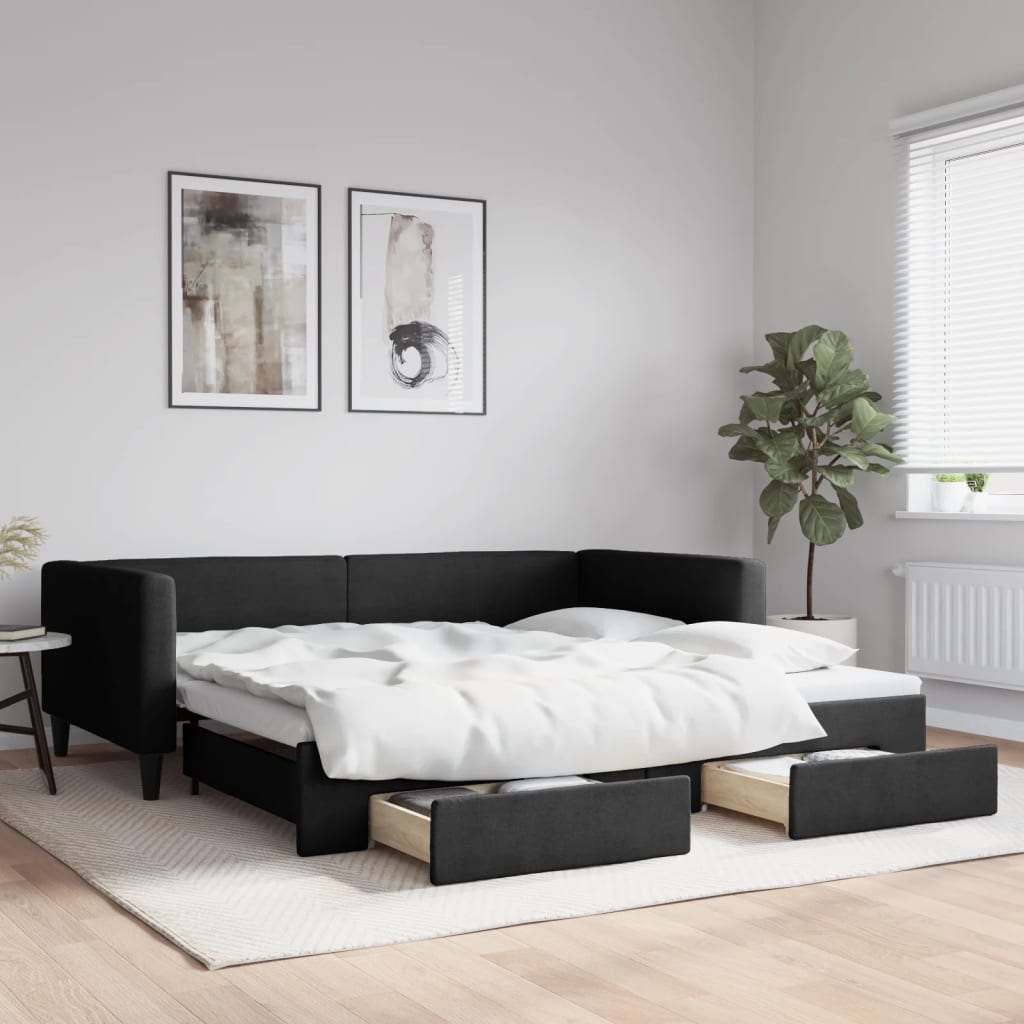 vidaXL Sofa rozsuwana z szufladami, czarna, 100x200 cm, tkanina