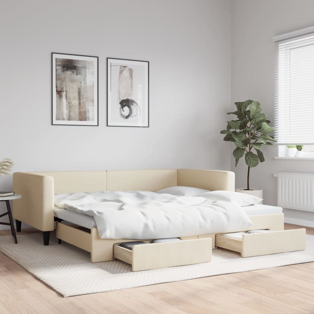 vidaXL Sofa rozsuwana z szufladami, kremowa, 100x200 cm, tkanina