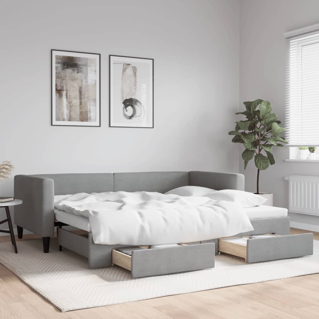 vidaXL Sofa rozsuwana z szufladami, jasnoszara, 90x190 cm, tkanina