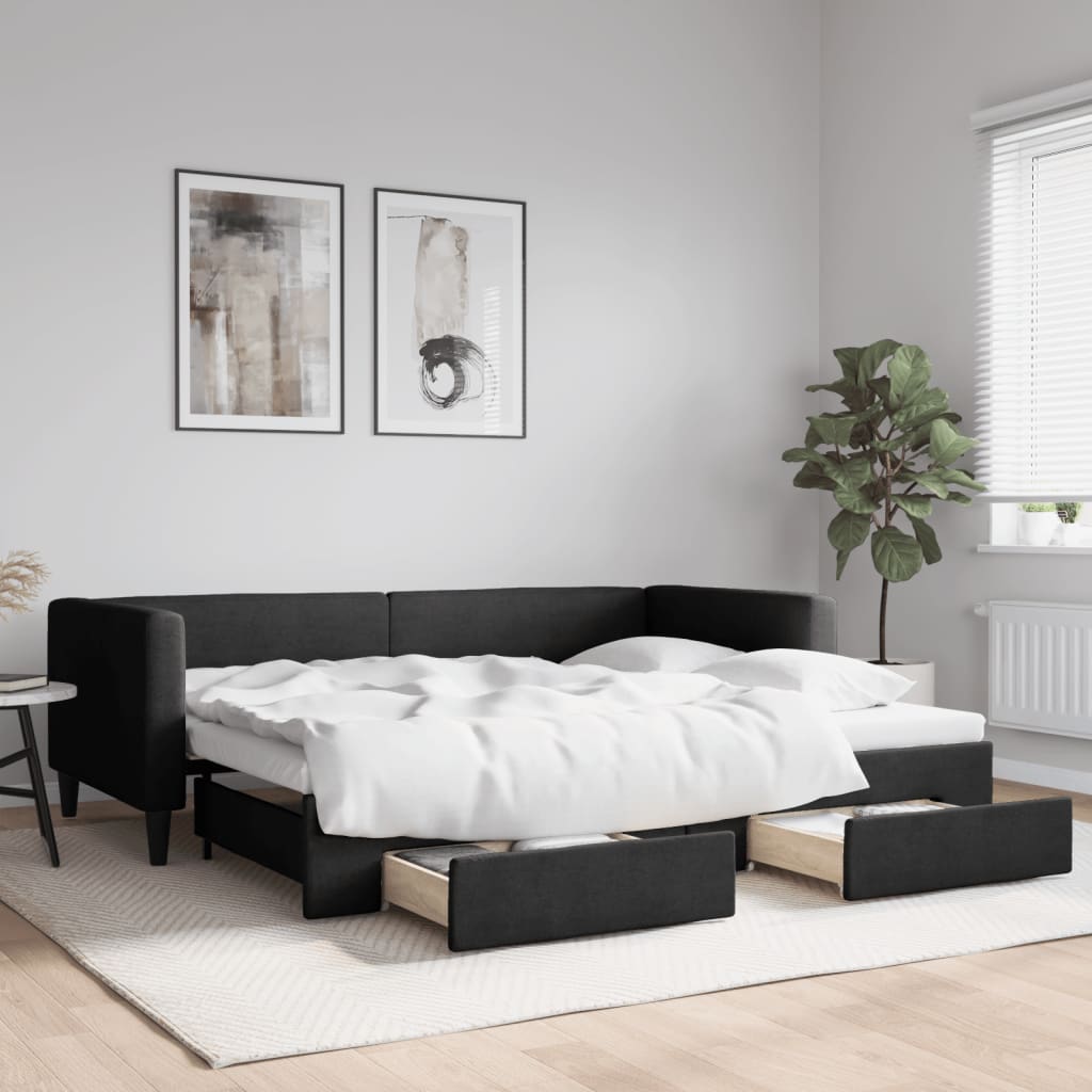 vidaXL Sofa rozsuwana z szufladami, czarna, 90x190 cm, tkanina