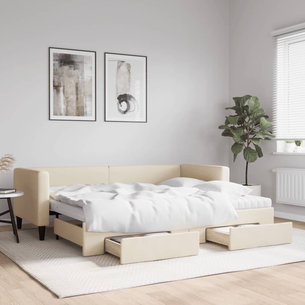 vidaXL Sofa rozsuwana z szufladami, kremowa, 80x200 cm, tkanina