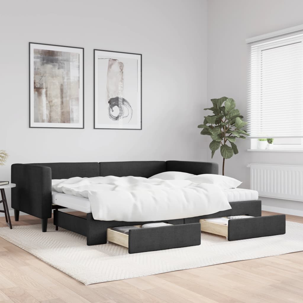 vidaXL Sofa rozsuwana z szufladami, czarna, 90x200 cm, tkanina