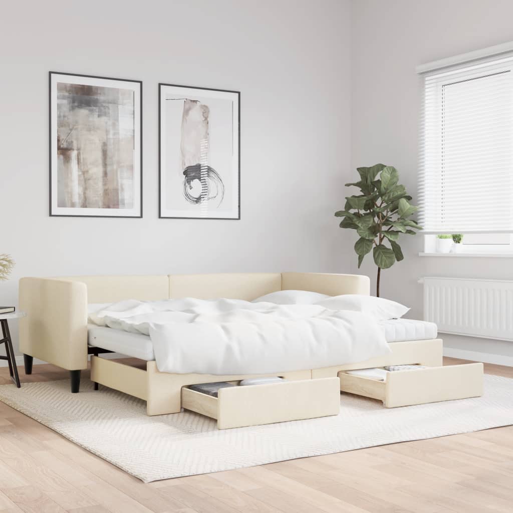vidaXL Sofa rozsuwana z szufladami, kremowa, 90x200 cm, tkanina