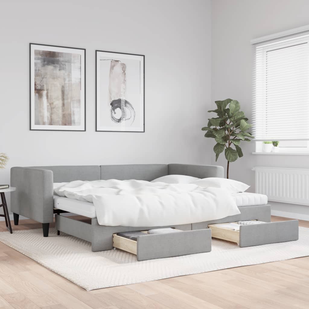 vidaXL Sofa rozsuwana z szufladami, jasnoszara, 100x200 cm, tkanina