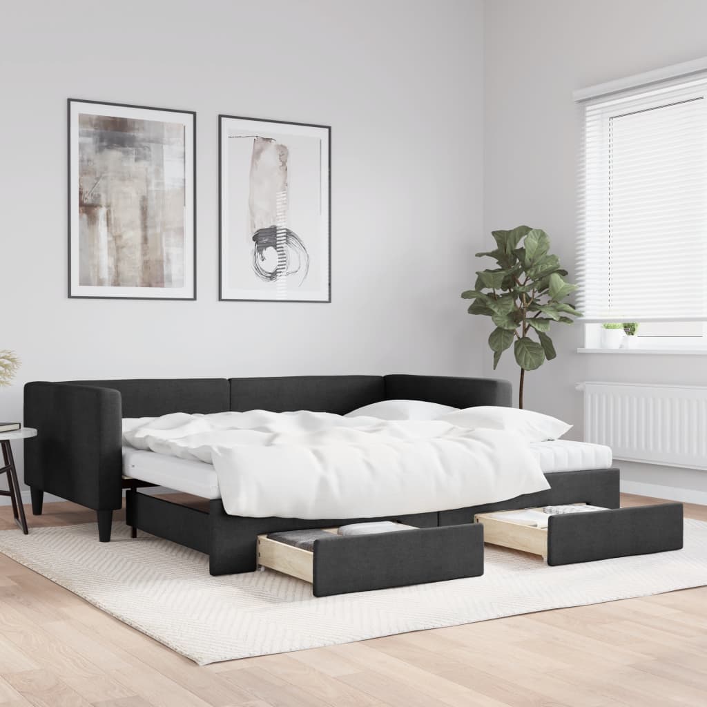 vidaXL Sofa rozsuwana z szufladami, czarna, 100x200 cm, tkanina