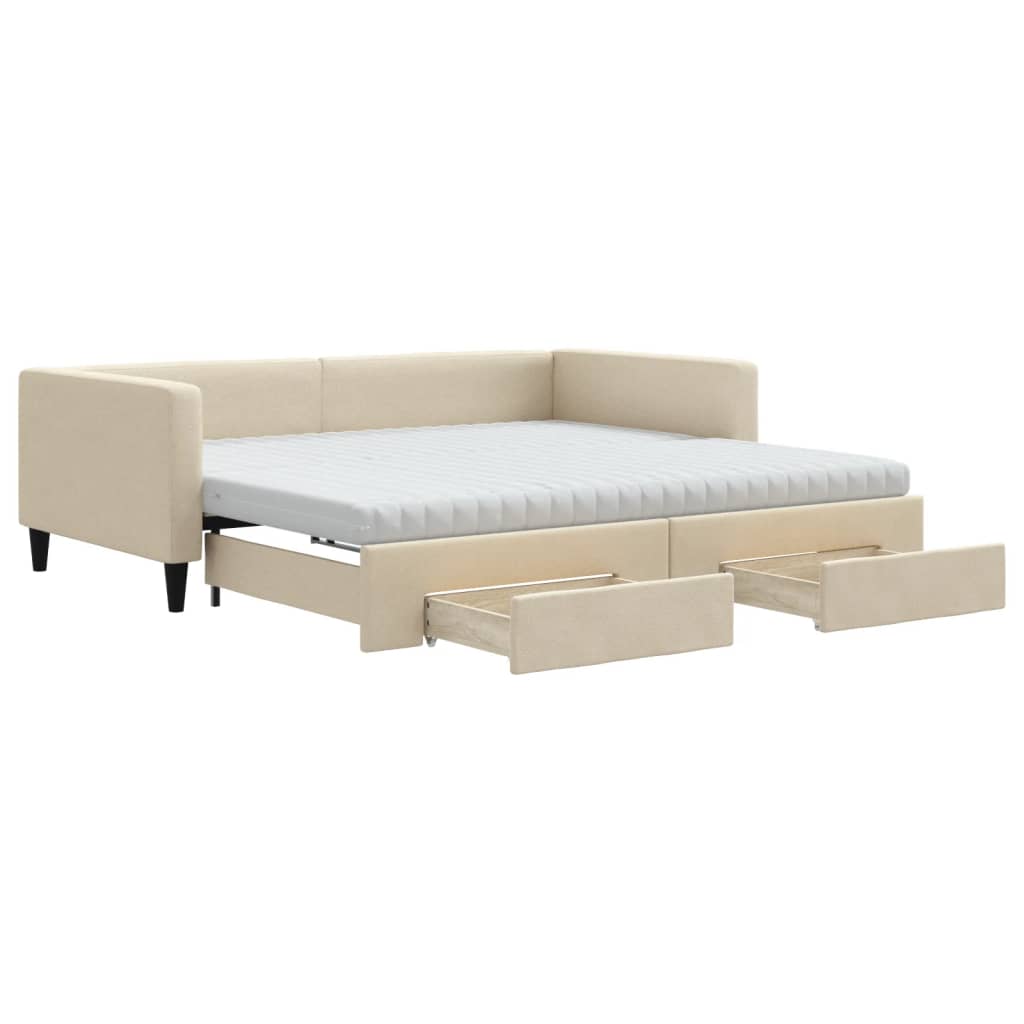 vidaXL Sofa rozsuwana z szufladami, kremowa, 100x200 cm, tkanina