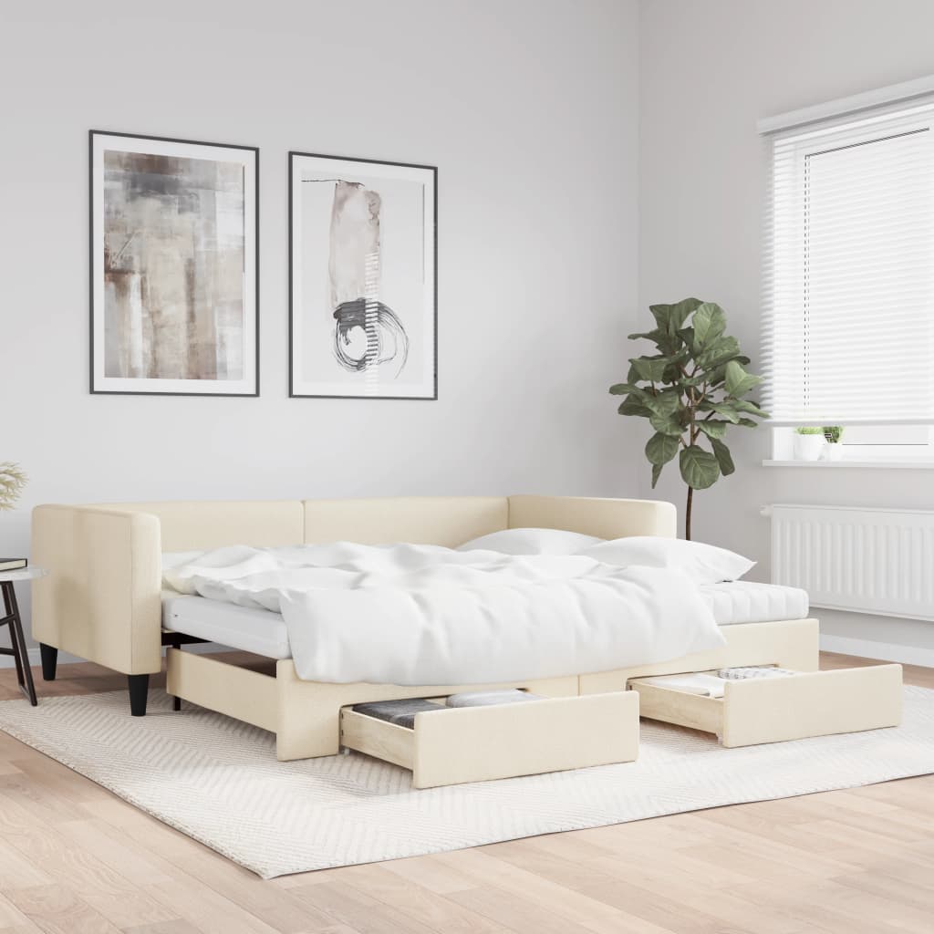 vidaXL Sofa rozsuwana z szufladami, kremowa, 100x200 cm, tkanina