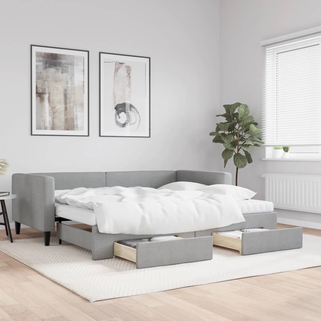 vidaXL Sofa rozsuwana z szufladami, jasnoszara, 90x190 cm, tkanina