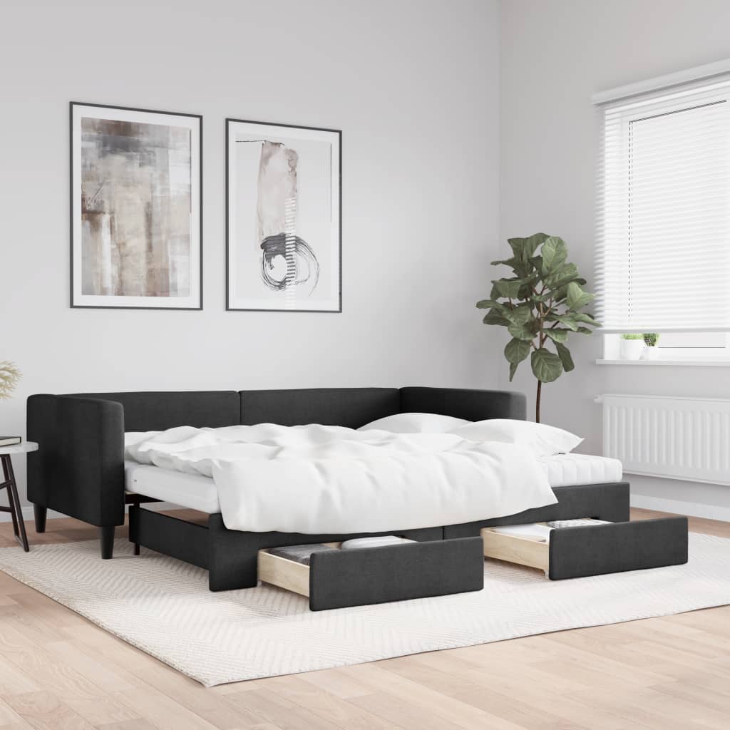 vidaXL Sofa rozsuwana z szufladami, czarna, 90x190 cm, tkanina