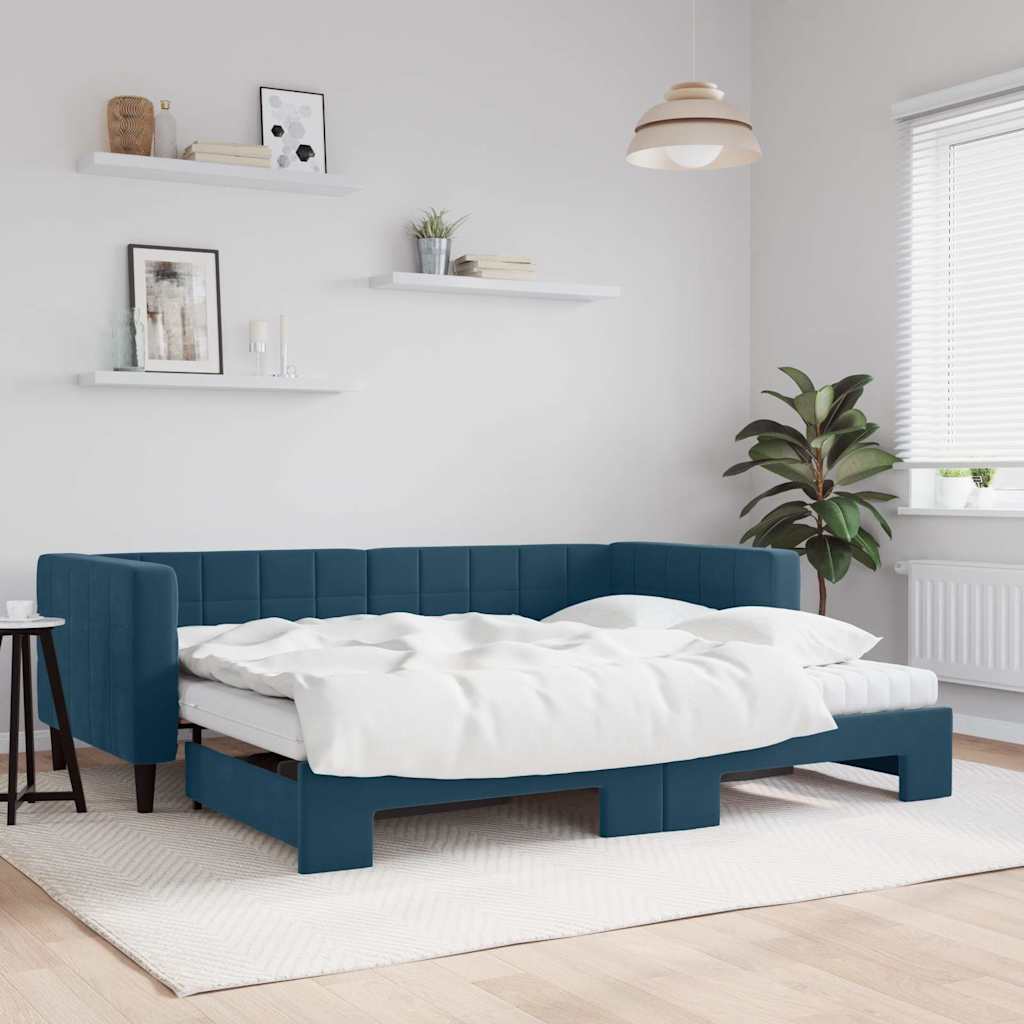 vidaXL Sofa rozsuwana z materacami, niebieska, 90x200 cm, aksamit
