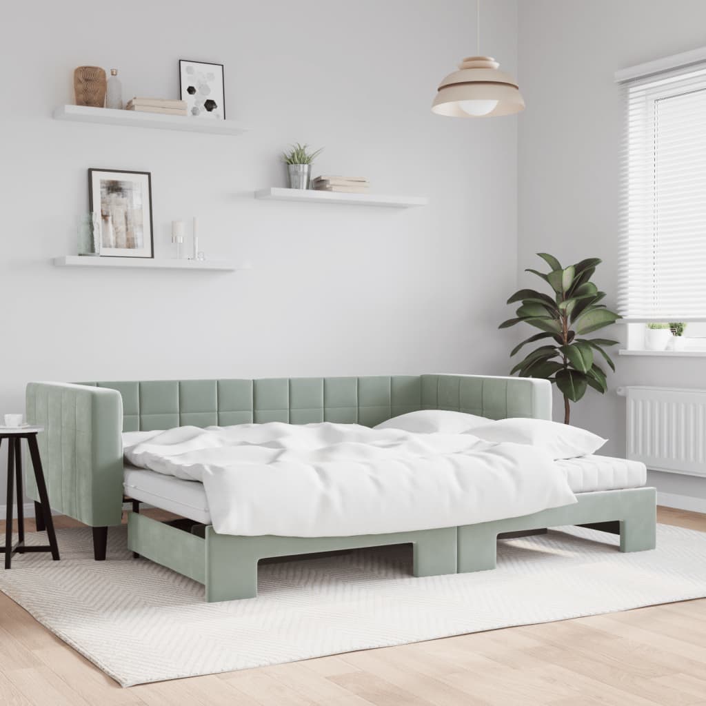 vidaXL Sofa rozsuwana z materacami, jasnoszara, 90x200 cm, aksamit