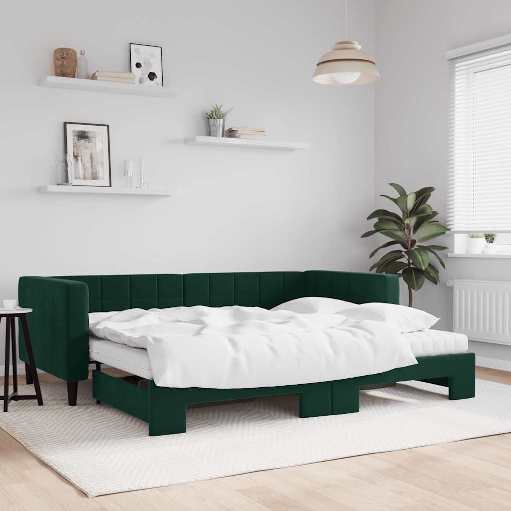 vidaXL Sofa rozsuwana z materacami, ciemnozielona, 90x200 cm, aksamit