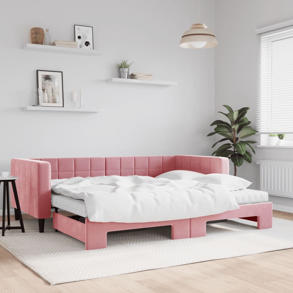 vidaXL Sofa rozsuwana z materacami, różowa, 90x200 cm, aksamit
