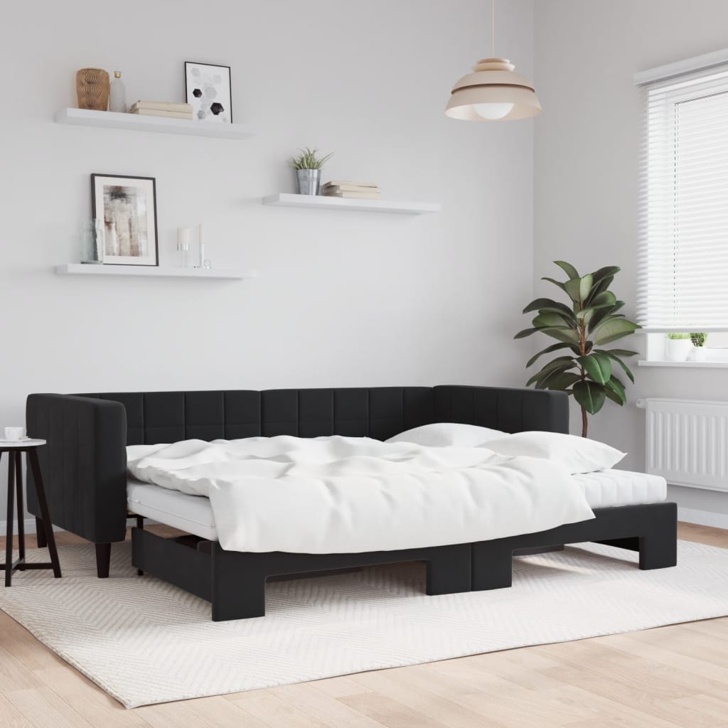 vidaXL Sofa rozsuwana z materacami, czarna, 90x200 cm, aksamit