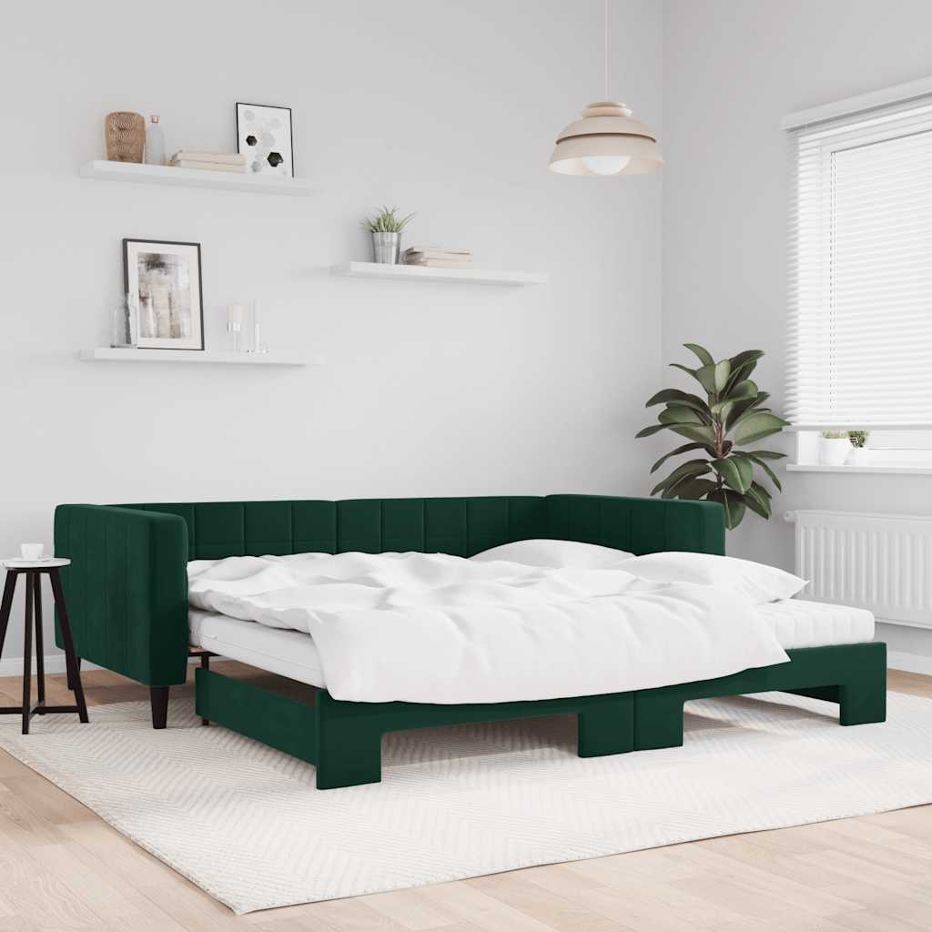 vidaXL Sofa rozsuwana z materacami, ciemnozielona, 100x200 cm, aksamit