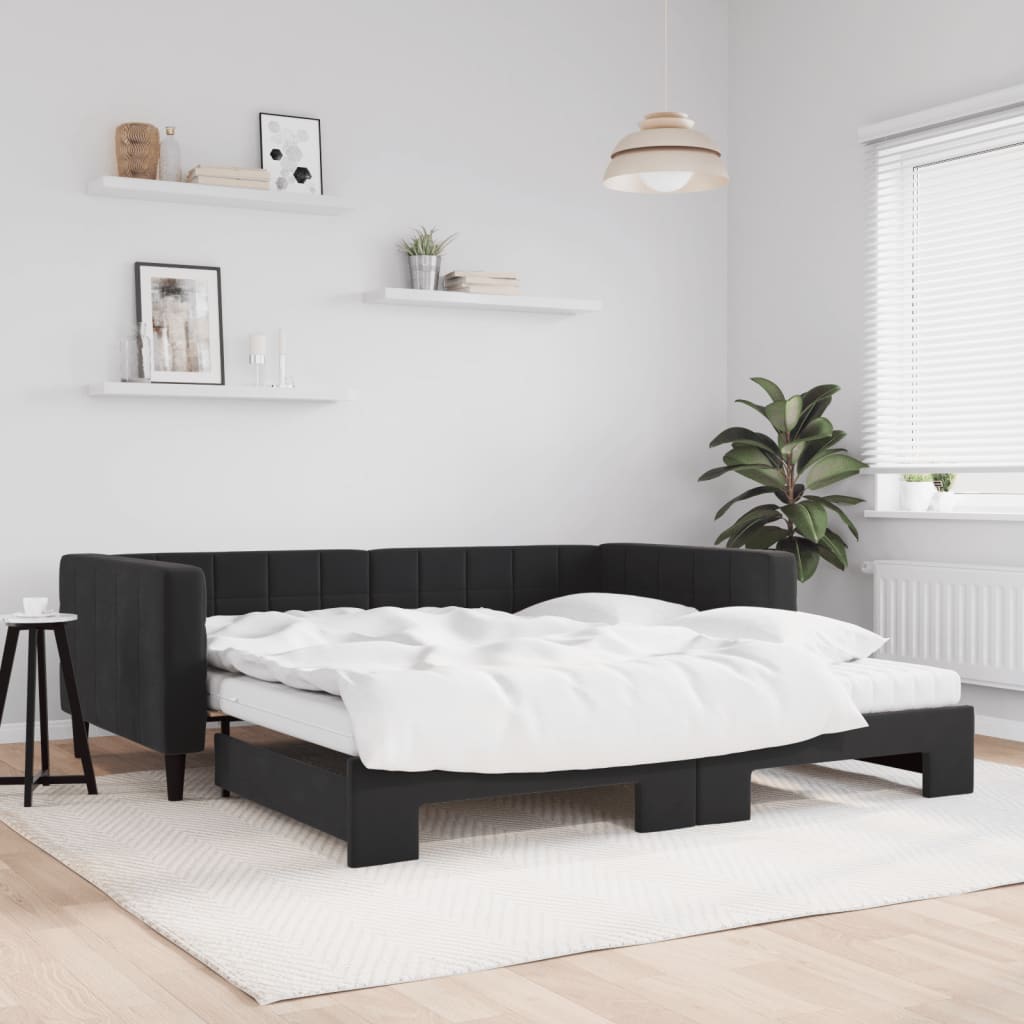 vidaXL Sofa rozsuwana z materacami, czarna, 100x200 cm, aksamit