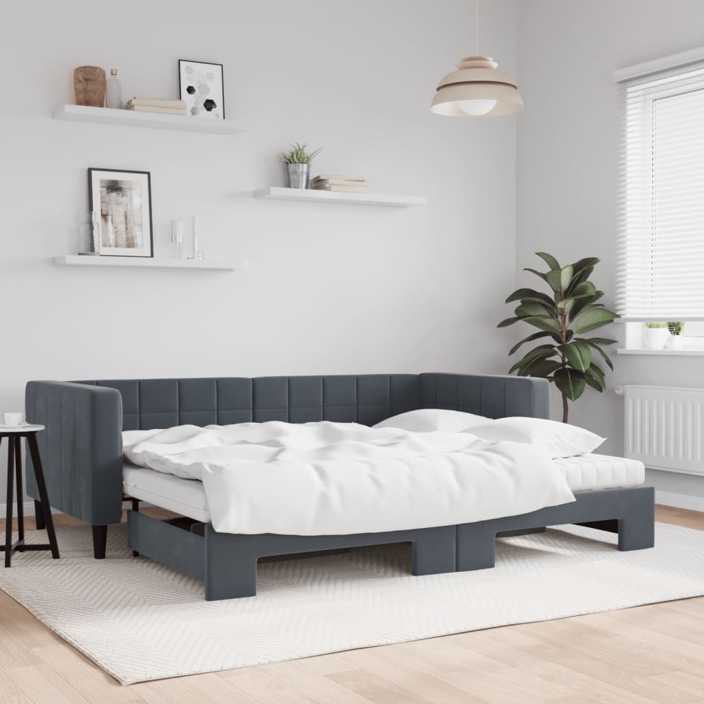 vidaXL Sofa rozsuwana z materacami, ciemnoszara, 90x190 cm, aksamit